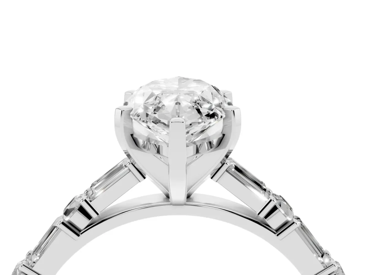 Marquise Cut Diamond Solitaire with Side Baguettes and Channel Set Band Silver