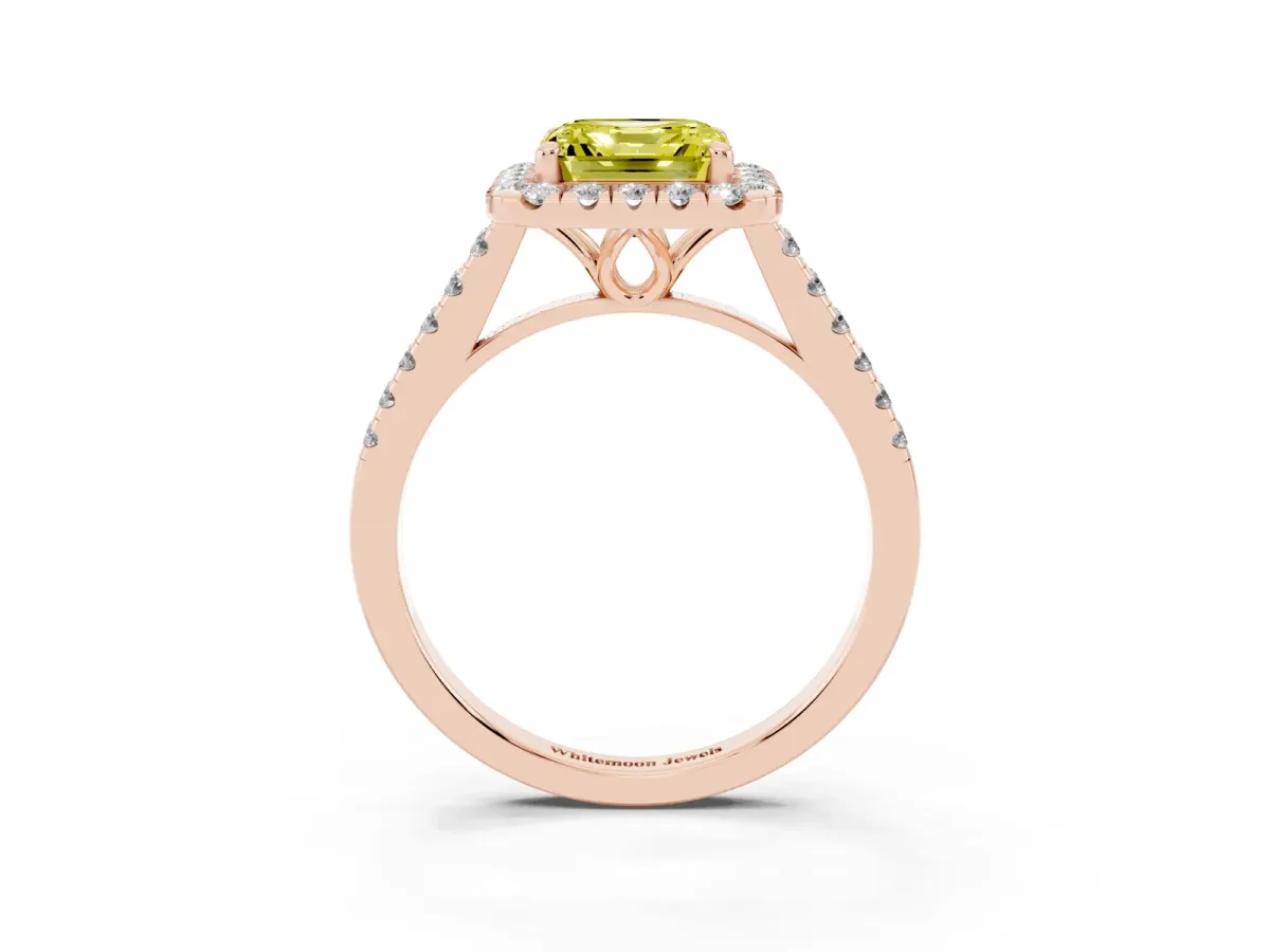 Fancy Yellow Asscher Cut Halo Pavé Diamond Engagement Ring with Four-Prong Setting Rose gold