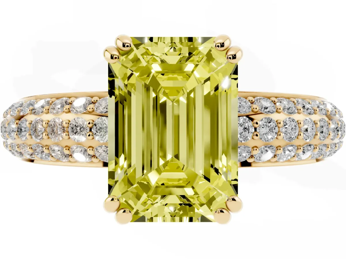 Fancy Yellow Emerald Cut Diamond Solitaire Ring with Multi-Row Round Pavé Band and Prong Setting Yellow gold