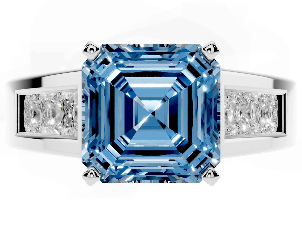 Fancy Blue Asscher Cut Cut Channel Set Solitaire Ring with Four-Prong Setting Silver