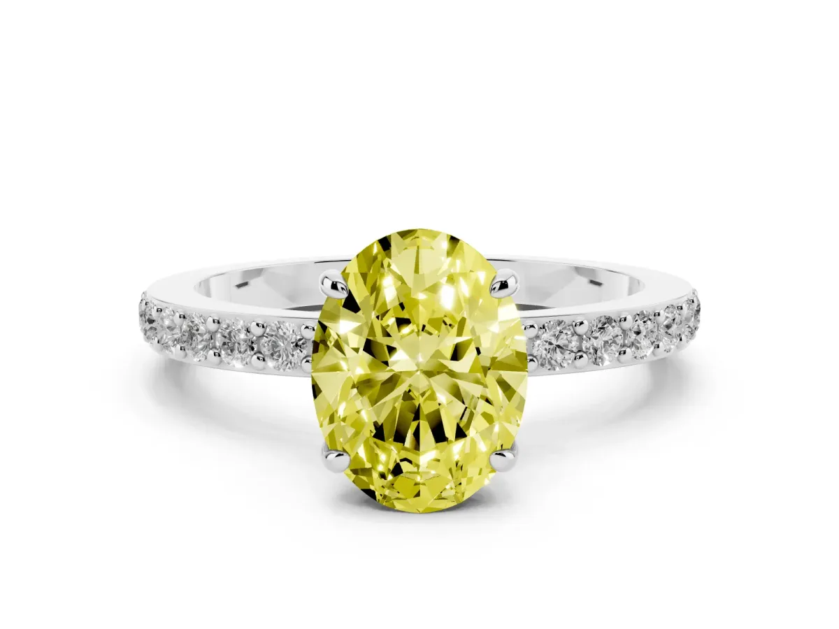 Fancy Yellow Oval Cut Diamond Pavé Engagement Ring with Round Accents and Prong Setting Silver