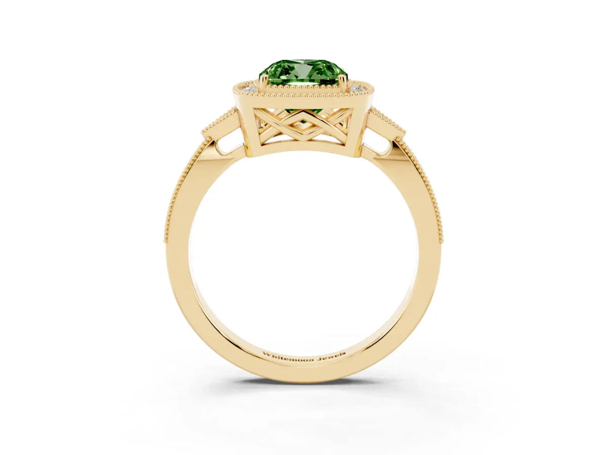 Fancy Green Cushion Cut Halo Round Diamond Milgrain Pave Engagement Ring Yellow gold