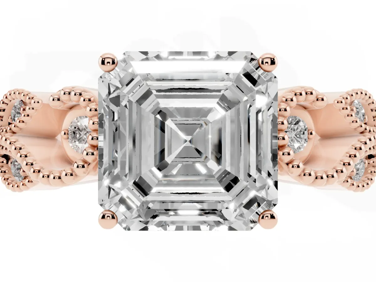 Asscher Cut Solitaire Milgrain Leaf Band with Prong Setting Rose gold