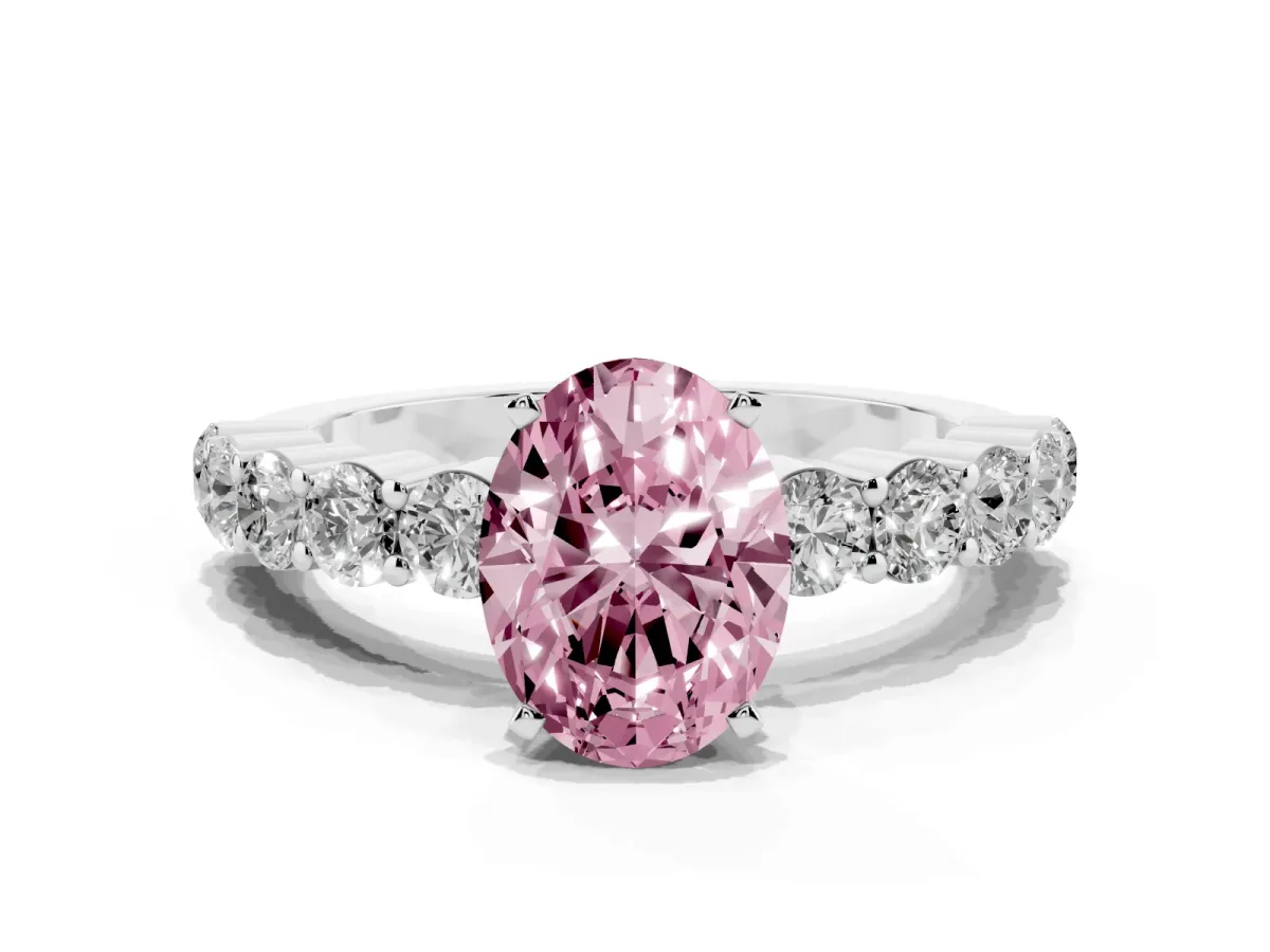 Fancy Pink Oval Cut Diamond Solitaire Ring with Shared Prong Round Side Stones Silver