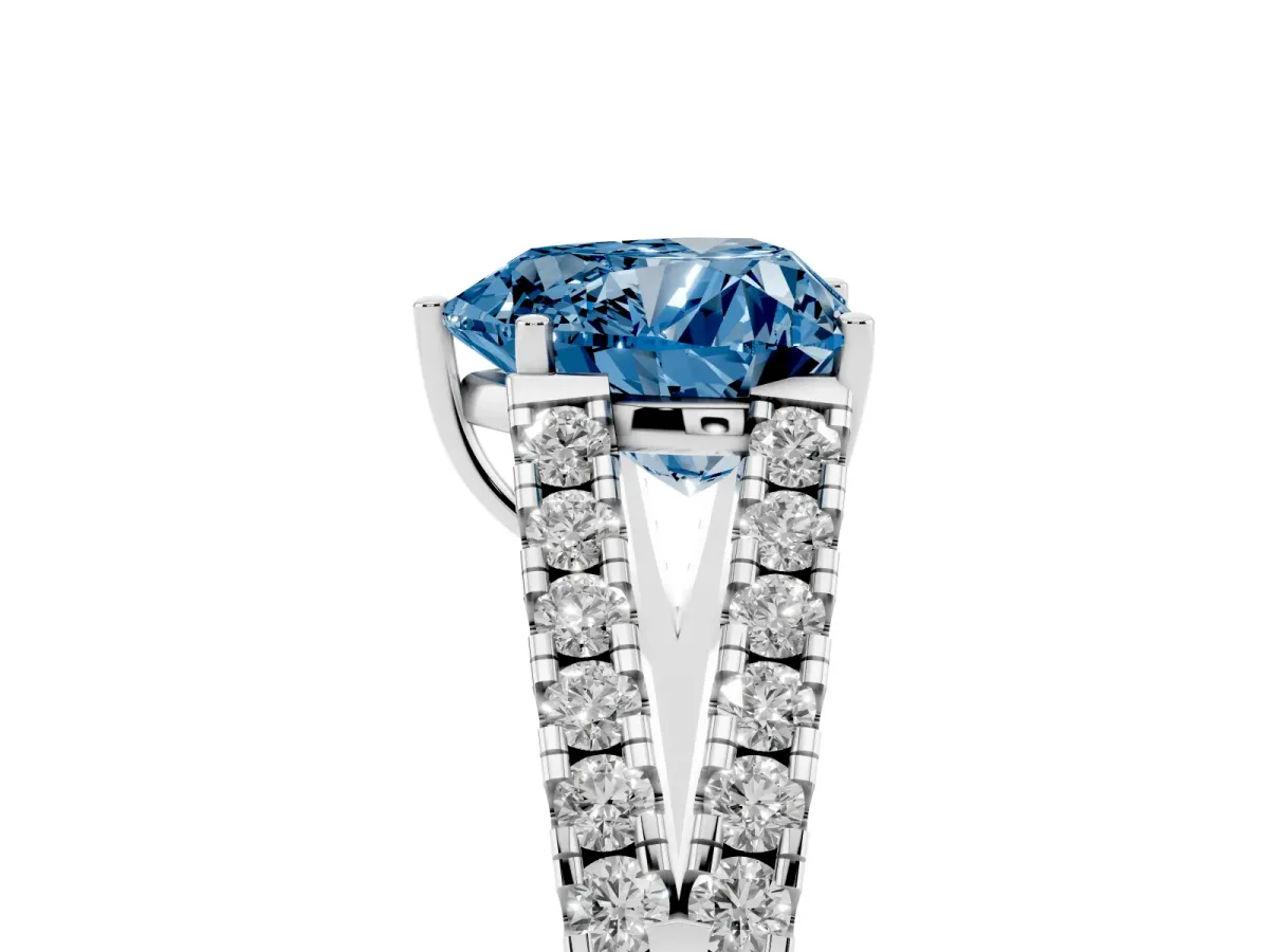 Fancy Blue Heart Cut Diamond Split Shank Engagement Ring with Round Pavé and Prong Setting Platinum