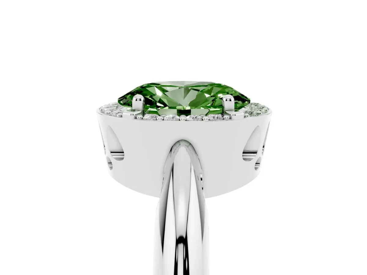 Fancy Green Oval Cut Cut Diamond Halo Engagement Ring with Split Shank and Four-Prong Setting Silver