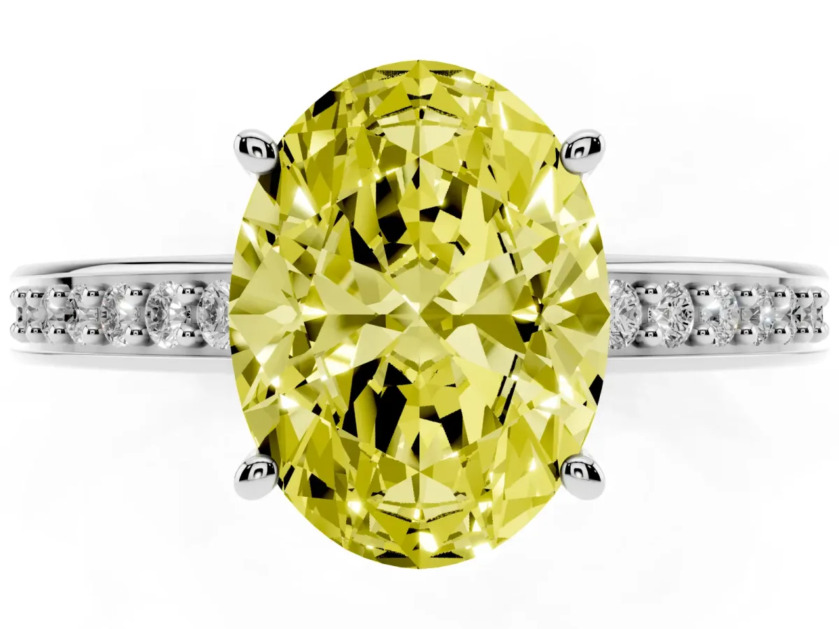 Fancy Yellow Oval Cut Solitaire Pavé Band Prong Setting Ring Silver