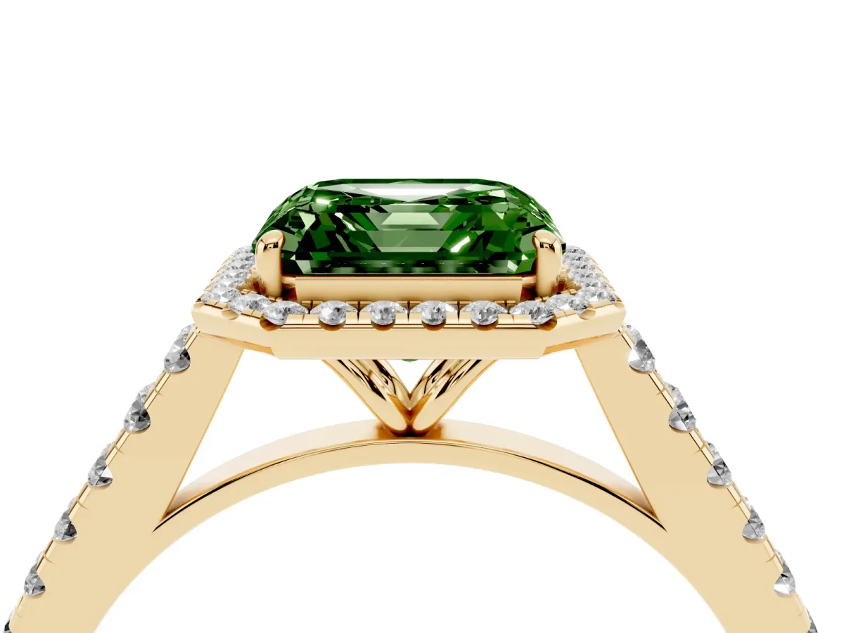 Fancy Green Asscher Cut Halo Pave Diamond Engagement Ring with Four-Prong Setting Yellow gold