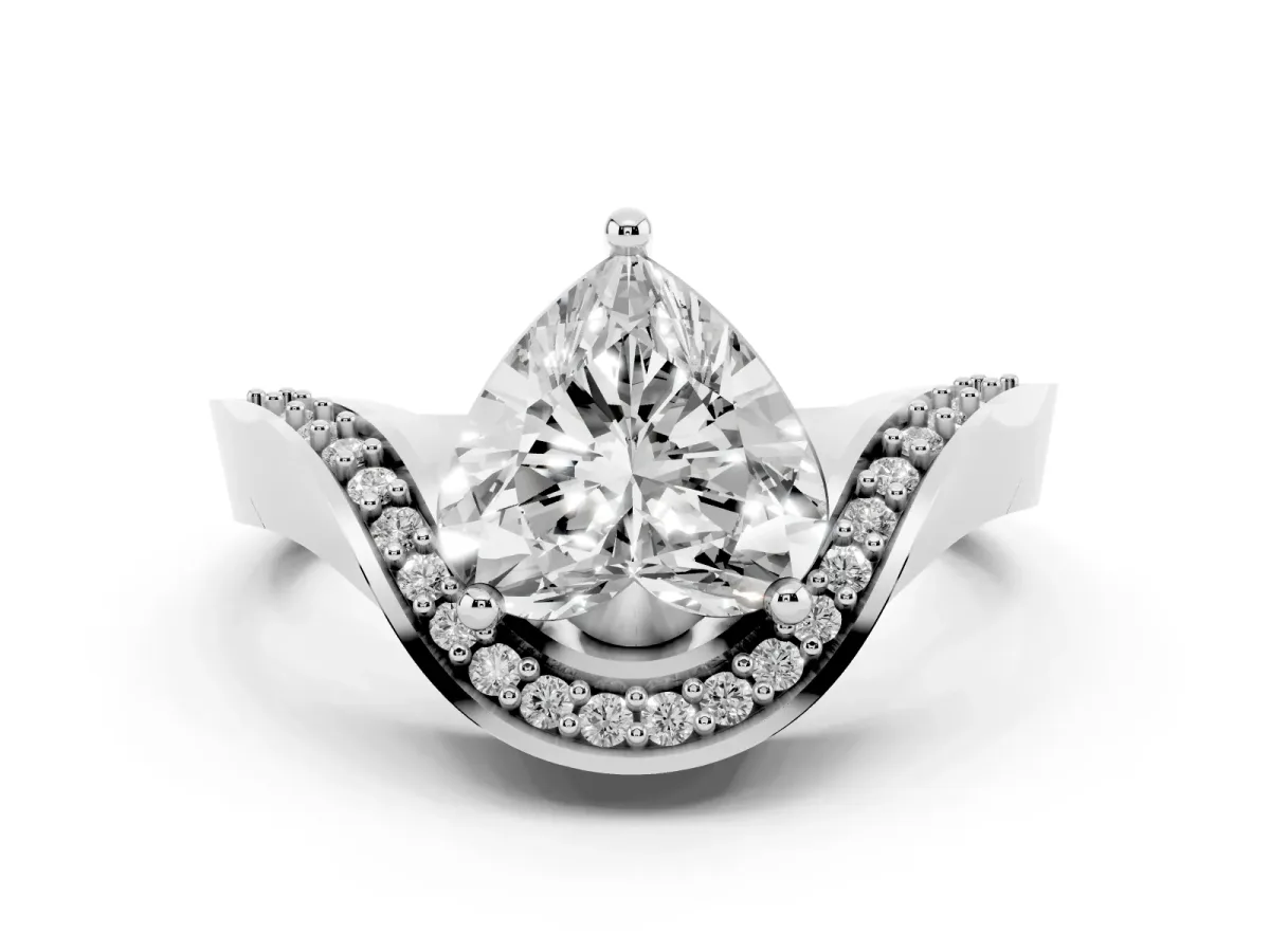 Heart Cut Solitaire Diamond Engagement Ring with Pave Band and Four-Prong Setting Silver