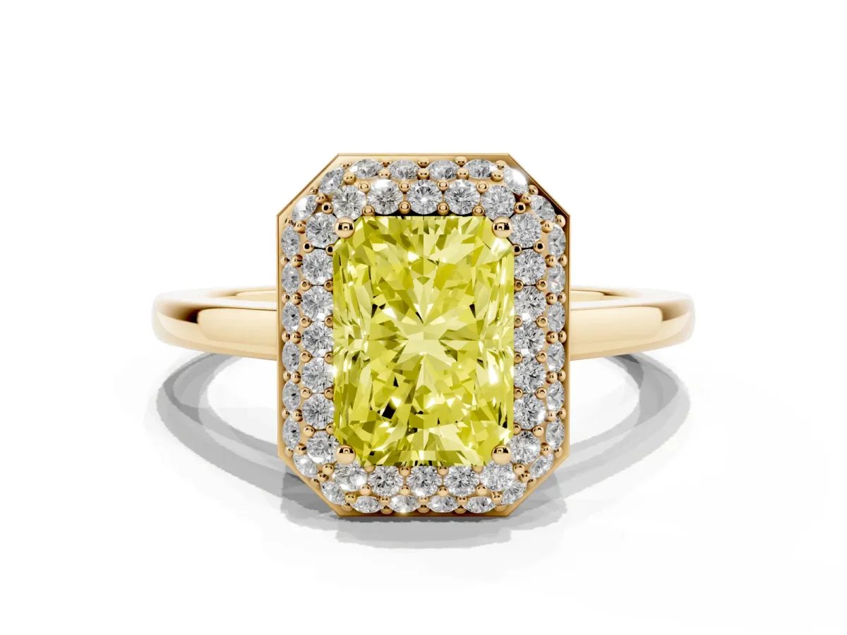 Fancy Yellow Radiant Cut Halo Diamond Engagement Ring with Solitaire Band and Four-Prong Setting Yellow gold