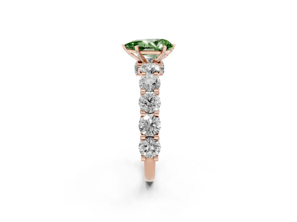 Fancy Green Pear Cut Diamond Side Stone Engagement Ring with Four-Prong Setting Rose gold