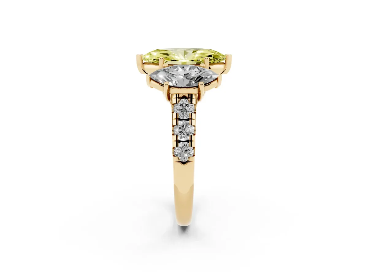 Fancy Yellow Three-Stone Marquise Cut Diamond Pavé Band with Prong Setting Yellow gold