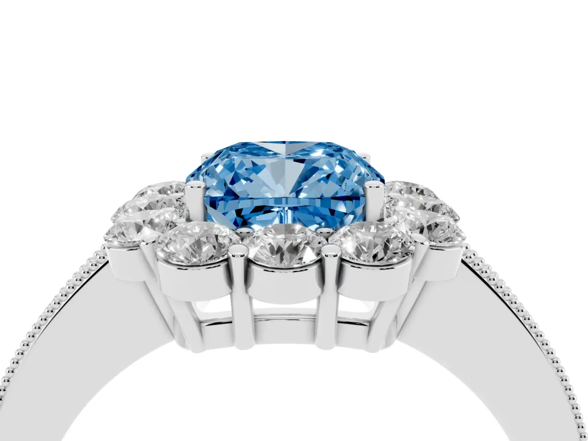 Fancy Blue Cushion Cut Cut Halo Diamond Pavé Engagement Ring with Milgrain Detailing Platinum
