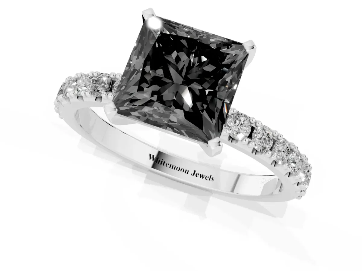 Fancy Black Princess Cut Diamond Solitaire Pavé Band with Four-Prong Setting Silver