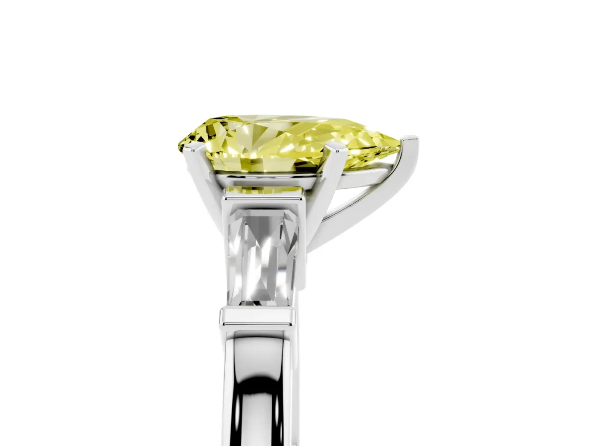Fancy Yellow Pear Cut Cut Diamond Solitaire Ring with Tapered Baguette Accents and Four-Prong Setting Silver