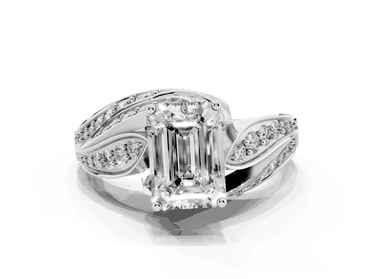 Emerald Cut Diamond Solitaire Ring with Prong Setting and Twisted Pavé Band Silver