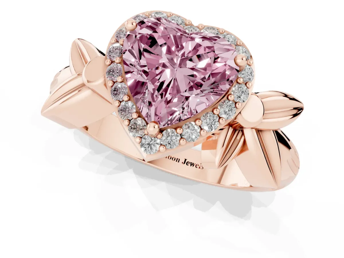 Fancy Pink Heart Cut Halo Diamond Floral Band with Four-Prong Setting Rose gold