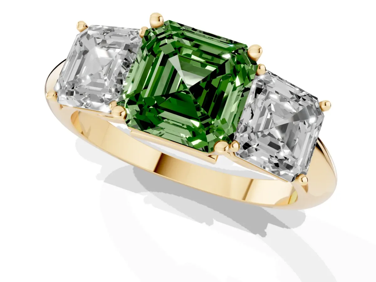 Fancy Green Three-Stone Asscher Cut Cut Diamond Engagement Ring with Prong Setting on a White Gold Band Yellow gold