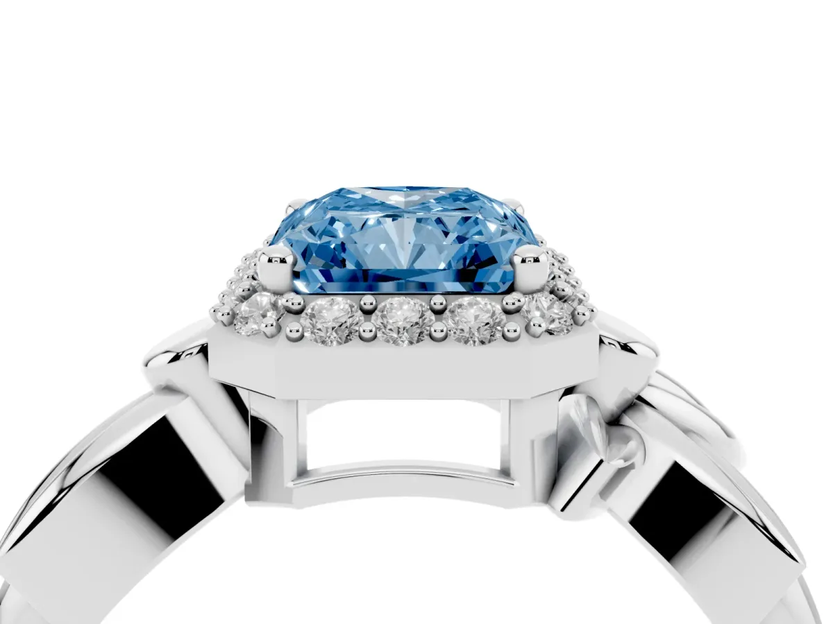 Fancy Blue Radiant Cut Halo Diamond Floral Band with Four-Prong Setting White gold