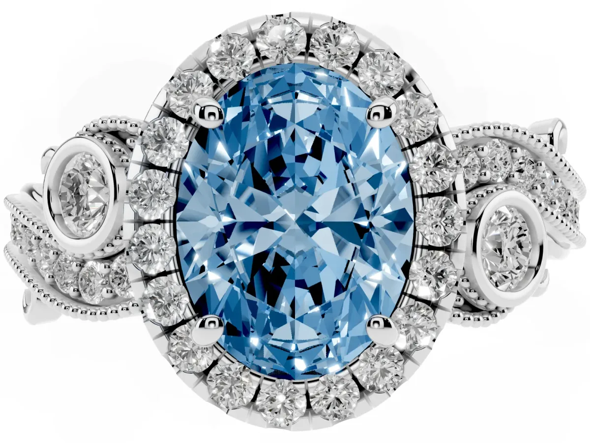 Fancy Blue Oval Cut Diamond Halo Ring with Milgrain Pavé Band and Four-Prong Setting Silver