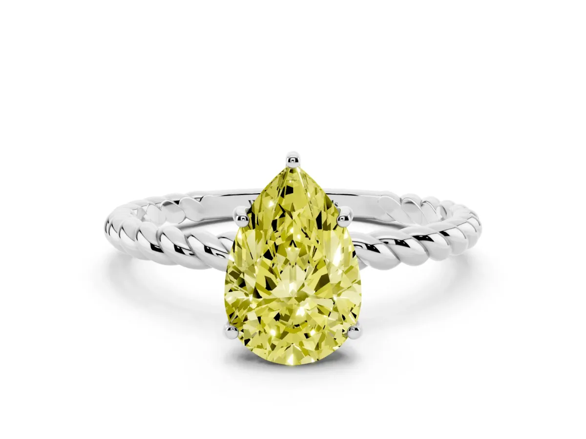 Fancy Yellow Pear Cut Solitaire Twist Band Ring with Four-Prong Setting Silver
