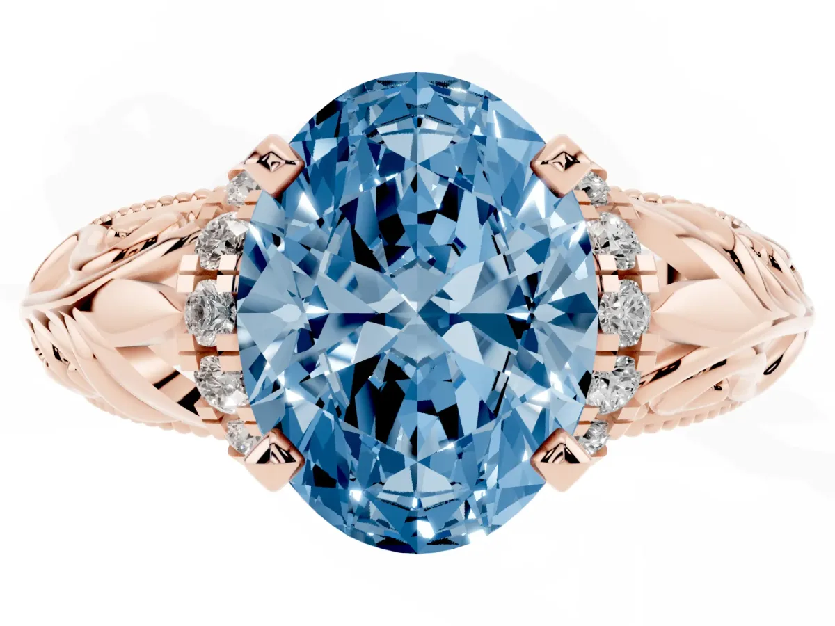 Fancy Blue Oval Cut Solitaire Filigree Engagement Ring with Halo and Prong Setting Rose gold