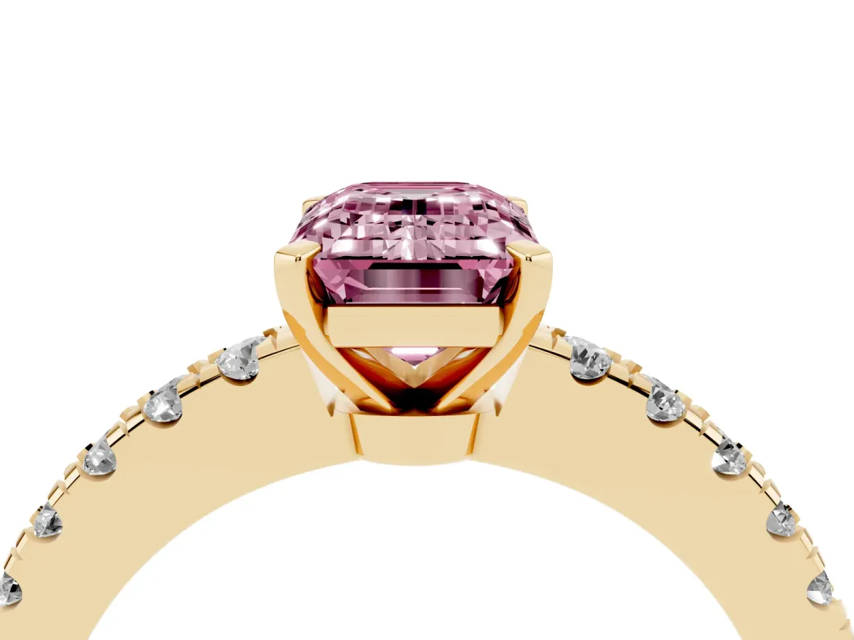 Fancy Pink Emerald Cut Solitaire Diamond with Pavé Band and Four-Prong Setting Yellow gold
