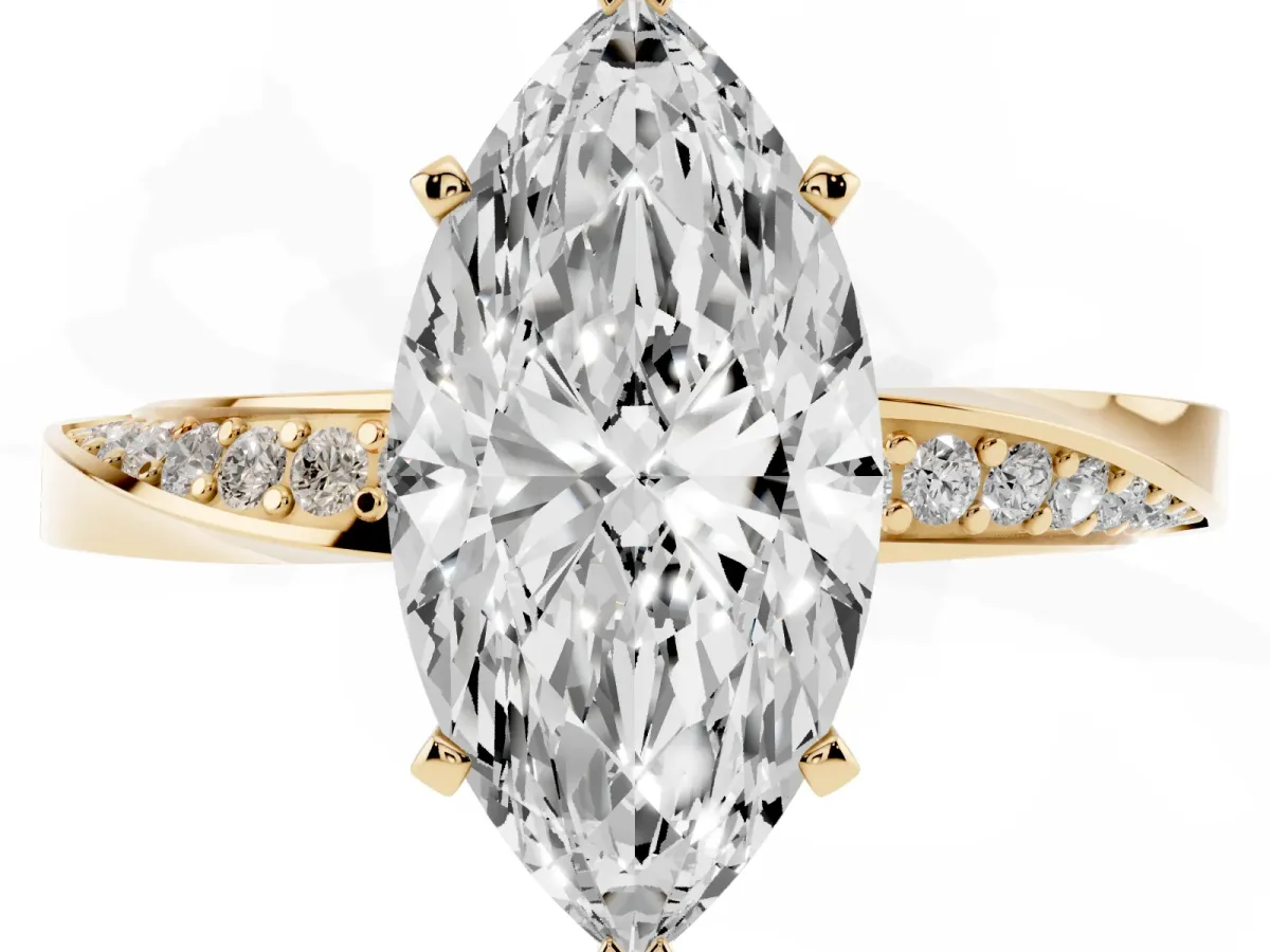 Marquise Cut Diamond Engagement Ring with Side Stone Accents and Four-Prong Setting Yellow gold