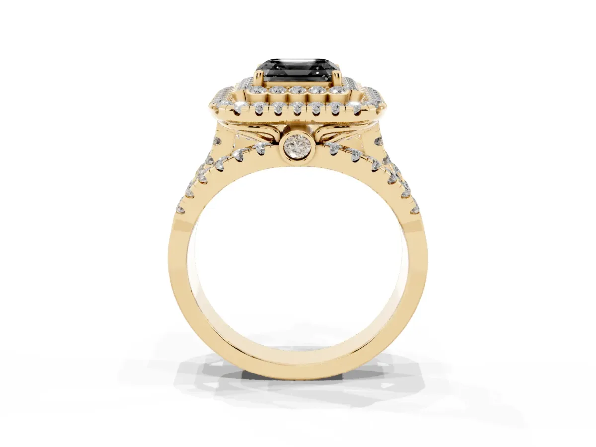 Fancy Black Asscher Cut Diamond Double Halo Ring with Round Pavé Split Shank and Prong Setting Yellow gold