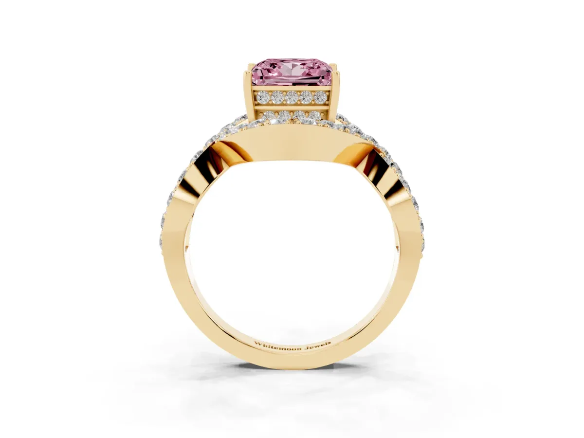 Fancy Pink Princess Cut Solitaire Twist Band Pavé Diamond Engagement Ring Yellow gold