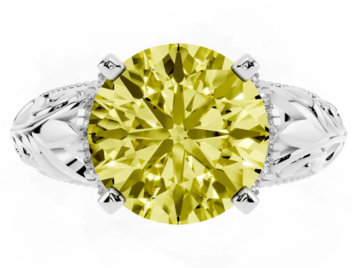 Fancy Yellow Round Cut Solitaire Filigree Engagement Ring with Halo and Prong Setting White gold
