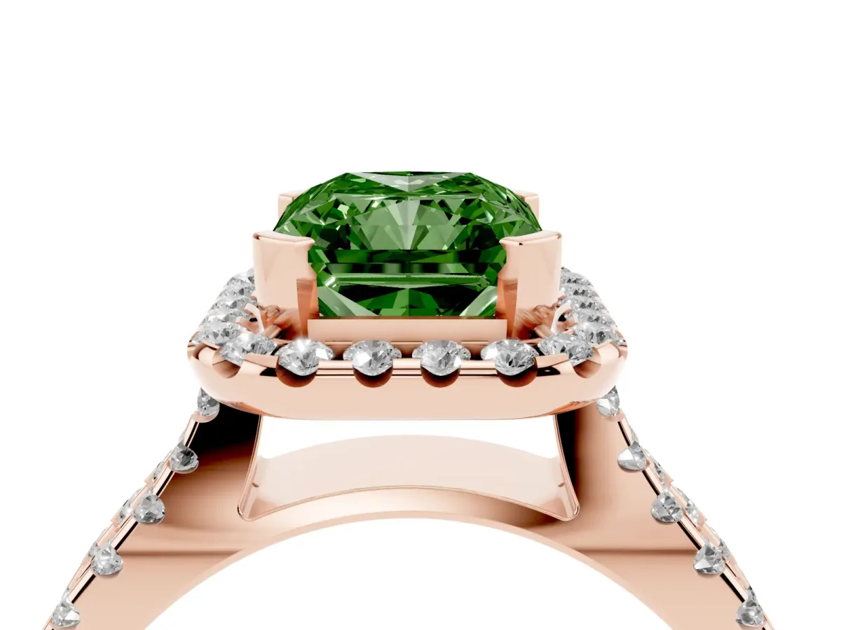 Fancy Green Radiant Cut Diamond Halo Ring with Split Shank Pavé Band and Prong Setting Rose gold