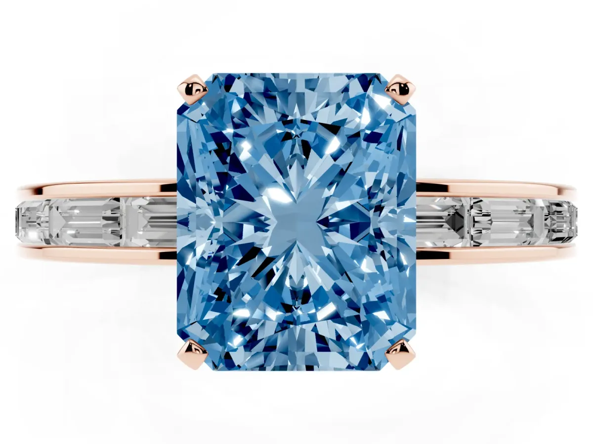 Fancy Blue Radiant Cut Solitaire Diamond Ring with Channel-Set Baguette Band and Four-Prong Setting Rose gold