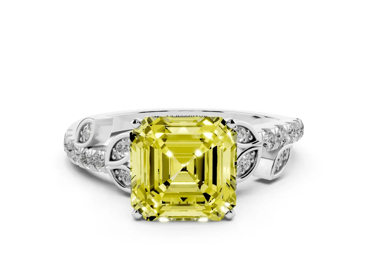 Fancy Yellow Asscher Cut Solitaire Leaf-Inspired Diamond Ring with Pavé Band and Four-Prong Setting White gold