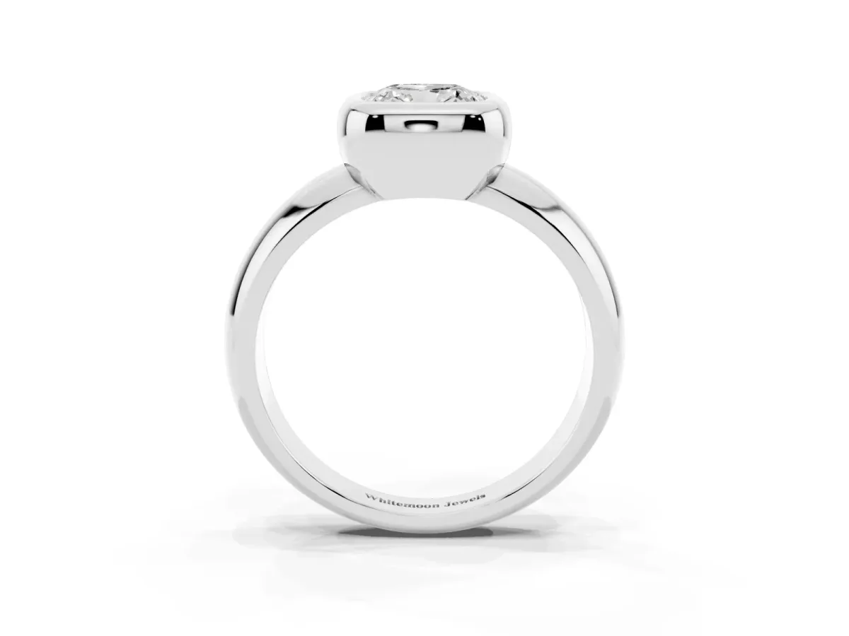 Bezel Set Cushion Cut Solitaire Ring with Wide Band White gold