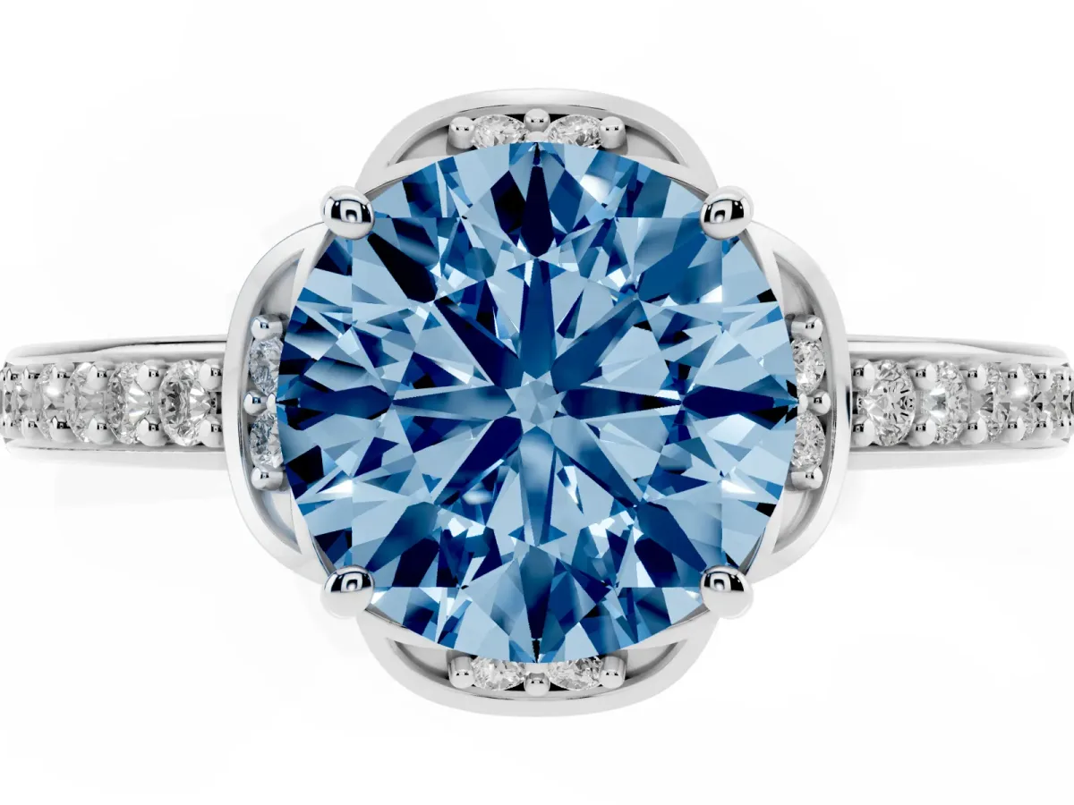 Fancy Blue Round Cut Cut Halo Diamond Ring with Channel Set Band and Four-Prong Setting Silver
