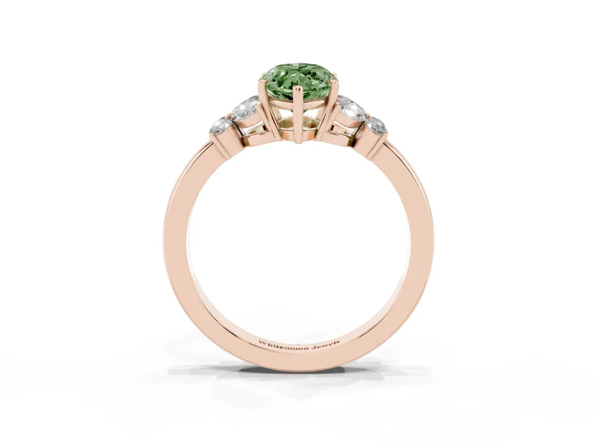 Fancy Green Marquise Cut Cut Solitaire Floral Diamond Ring with Four-Prong Setting Rose gold