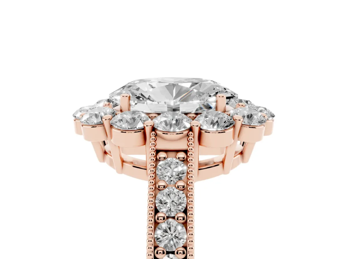 Oval Cut Cut Halo Diamond Pavé Engagement Ring with Milgrain Detailing Rose gold