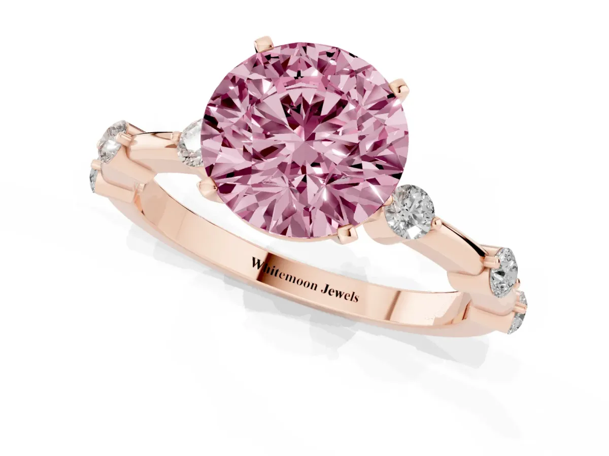 Fancy Pink Round Cut Solitaire Diamond Ring with Bezel Set Side Stones and Prong Setting Rose gold