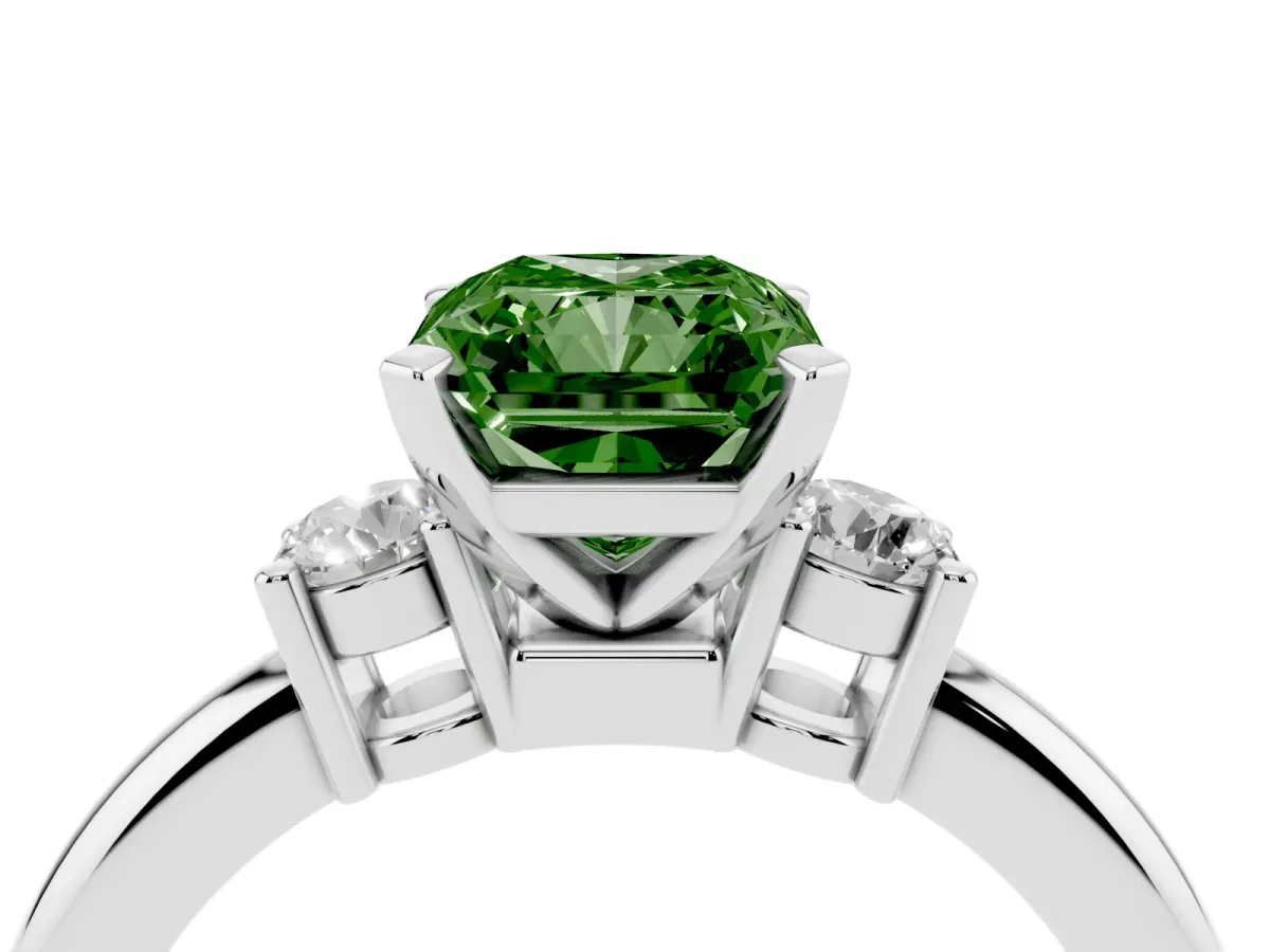 Fancy Green Three-Stone Radiant Cut Cut Diamond Solitaire with Prong Setting and Classic Band Platinum