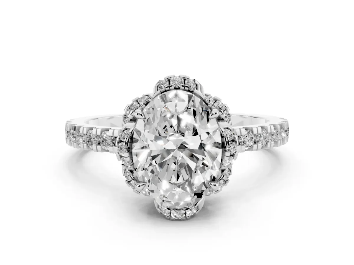 Oval Cut Halo Diamond Pave Band Ring with Four-Prong Setting Platinum