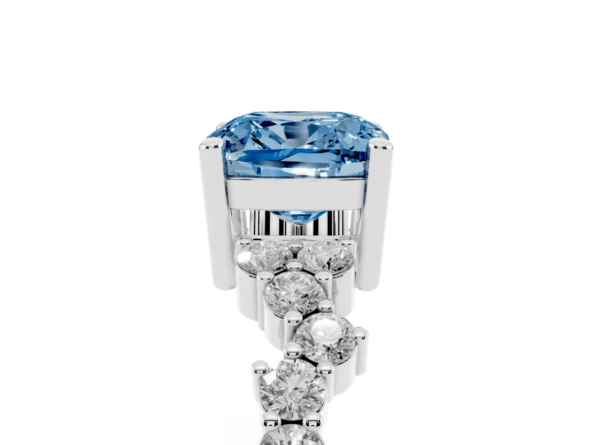 Fancy Blue Cushion Cut Diamond Scattered Round Accent Ring with Prong Setting Platinum