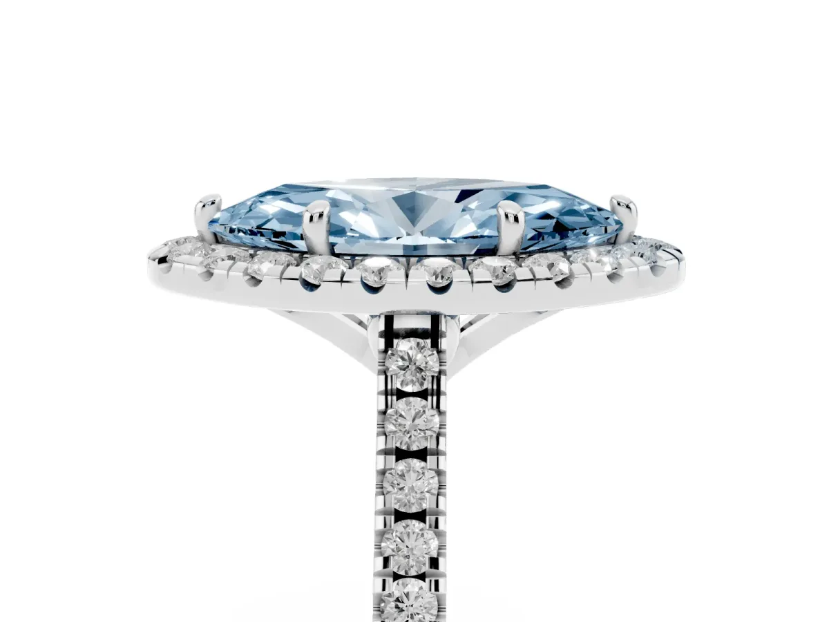 Fancy Blue Marquise Cut Diamond Cushion Halo Ring with Pavé Band Platinum