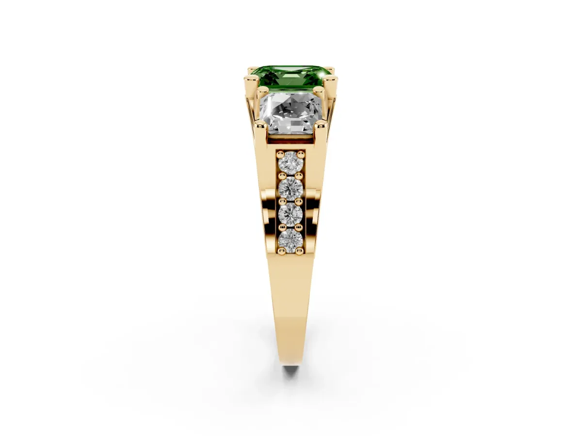 Fancy Green Asscher Cut Diamond Three-Stone Ring with Channel Set Band and Four-Prong Setting Yellow gold