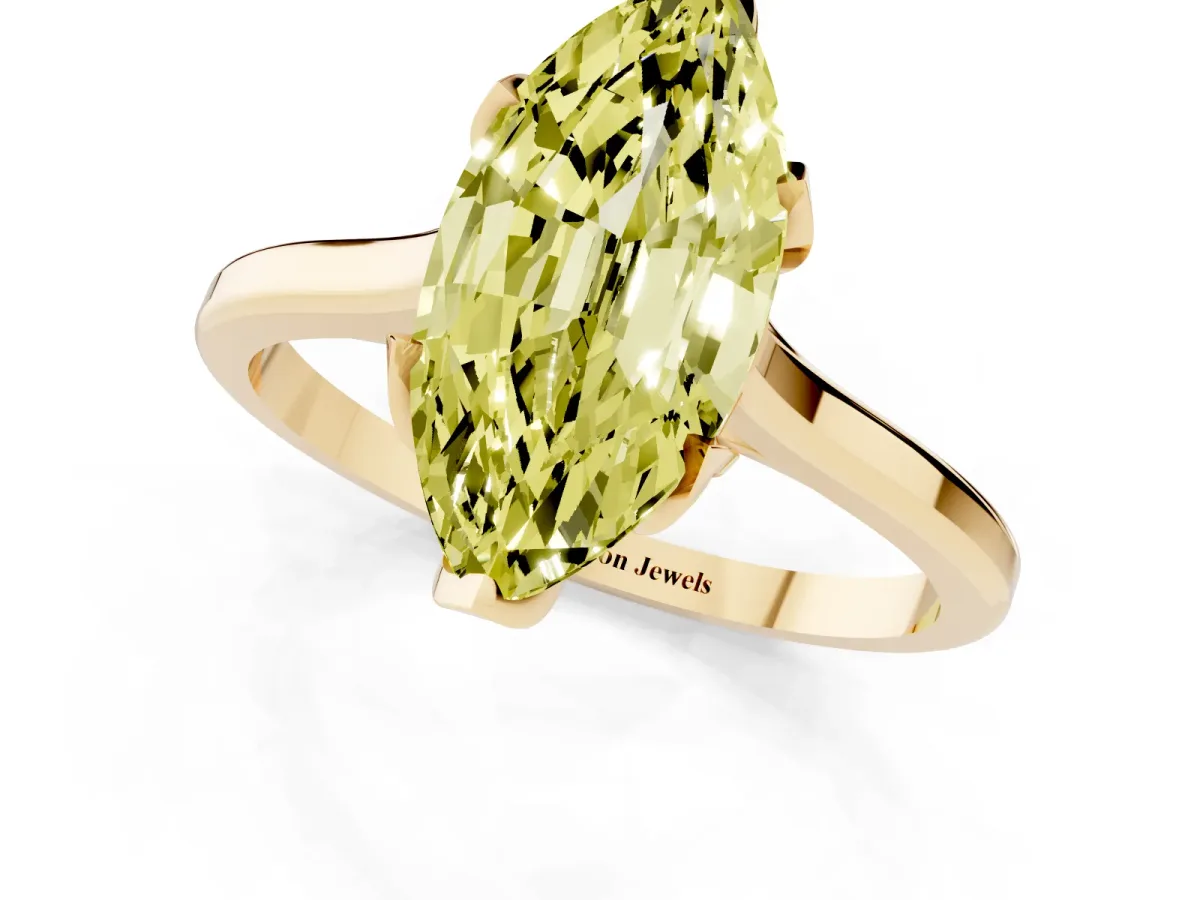 Fancy Yellow Marquise Cut Diamond Solitaire Ring with Flower Prong Setting and Classic Band Yellow gold