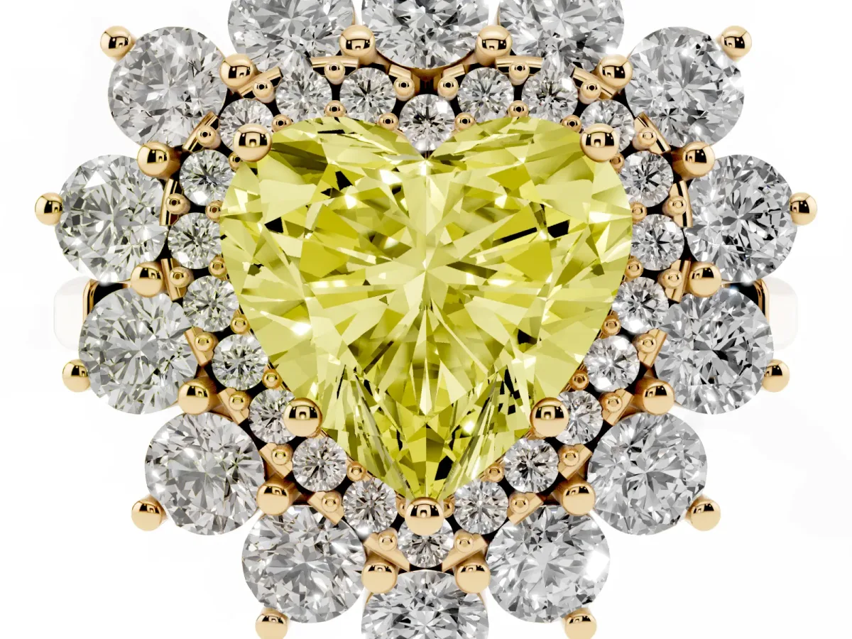 Fancy Yellow Heart Cut Diamond Floral Double Halo Engagement Ring with Prong Setting Yellow gold