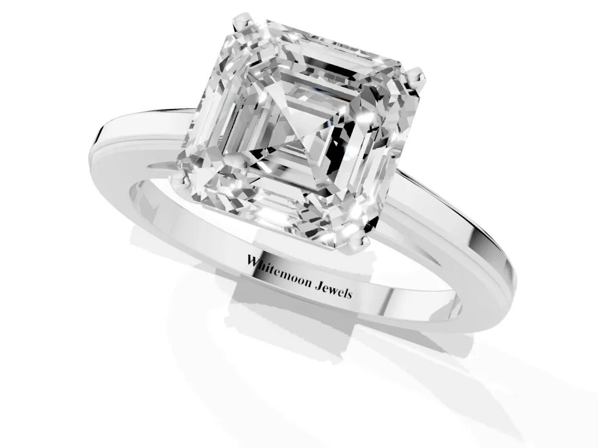 Asscher Cut Solitaire Diamond Ring with Four-Prong Setting and Classic Band Platinum