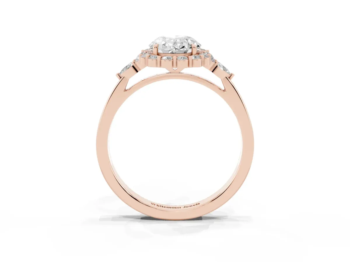 Oval Cut Diamond Halo Ring with Pear Side Stones and Prong Setting Rose gold