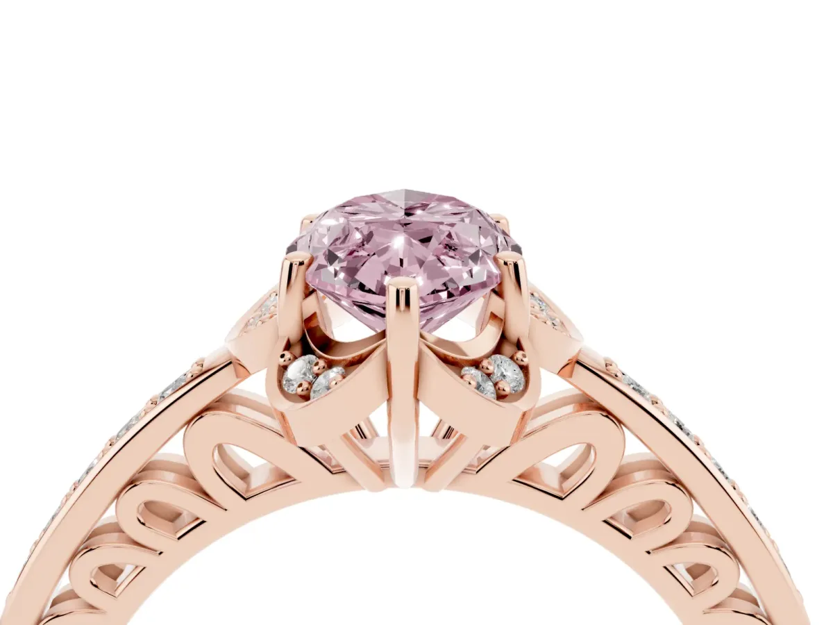 Fancy Pink Marquise Cut Cut Halo Diamond Ring with Channel Set Band and Four-Prong Setting Rose gold