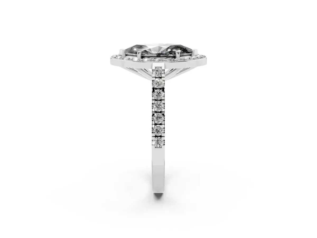 Fancy Black Marquise Cut Diamond Halo Ring with Round Pavé Split Shank and Prong Setting Silver